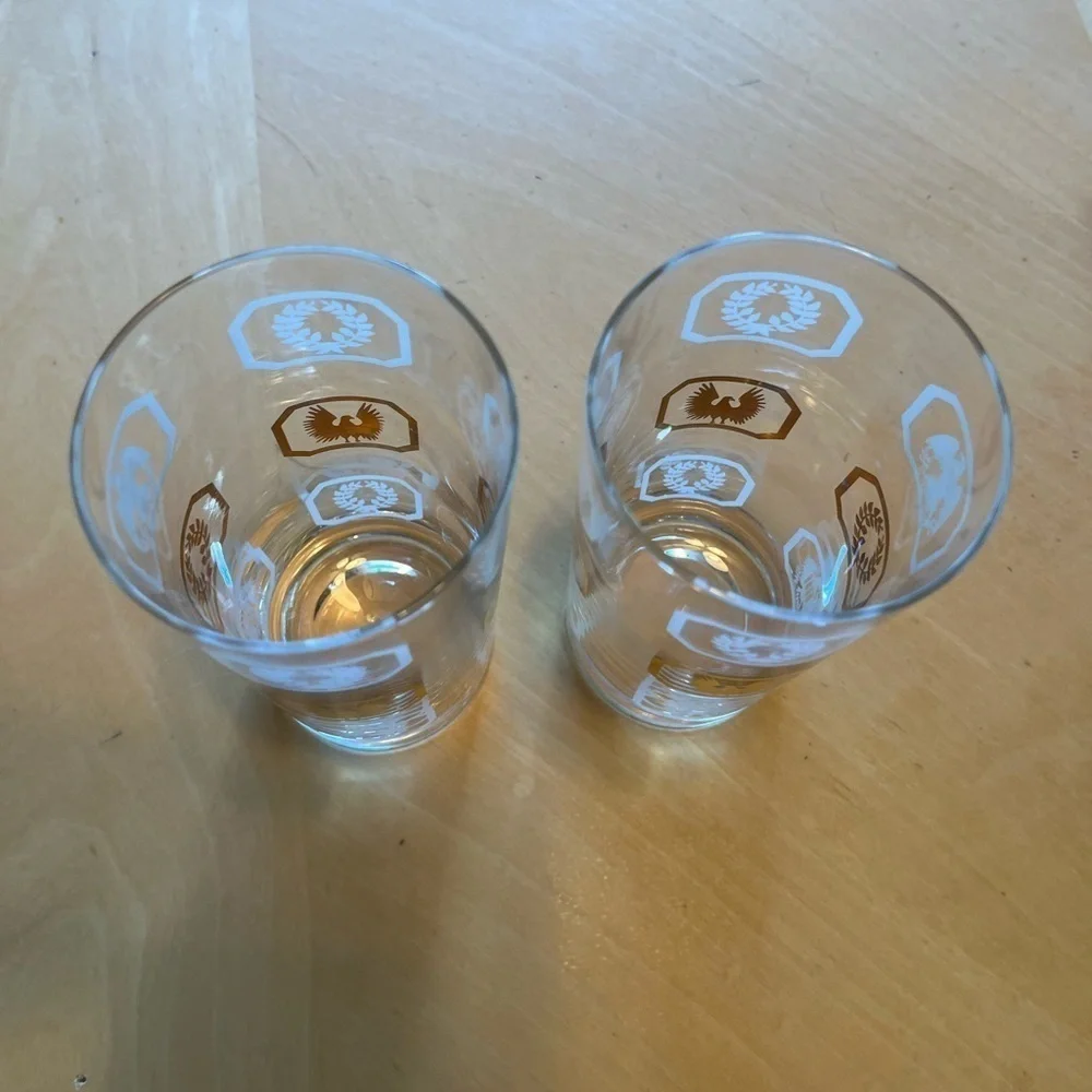 Highball Glasses Set of 2 Vintage Gold & White w/ Eagles Laurel Wreaths